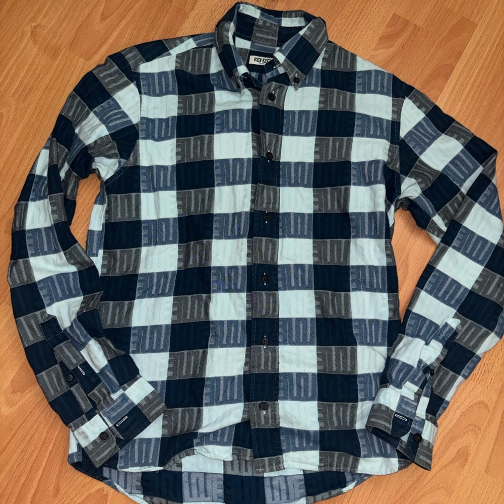 Kenzo Teal Flannel Love Long sleeve Button Down Shirt Size S